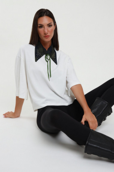 T-Shirt c/colletto check 94%co 6%ea+63%pl 34%vi 3%ea