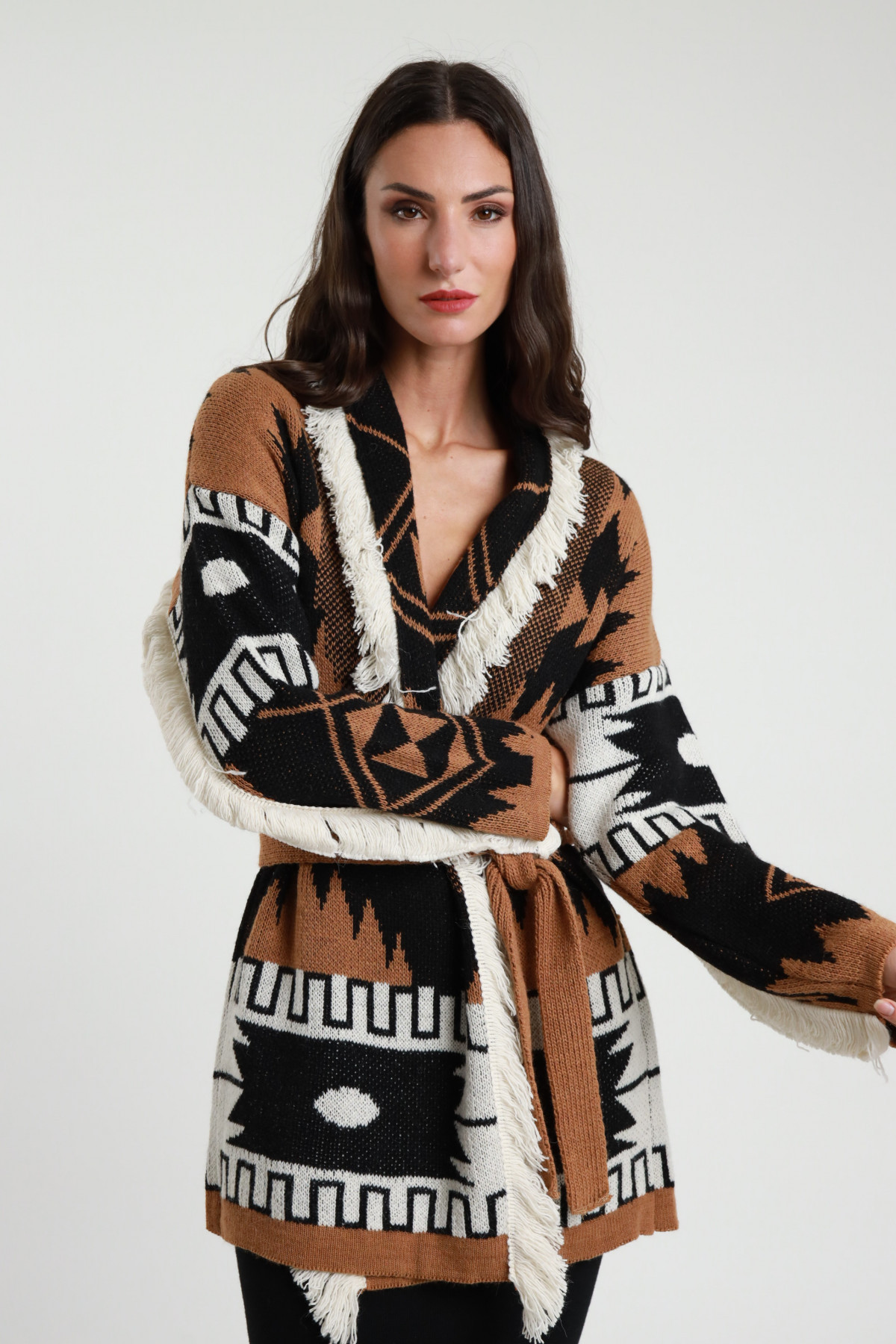 Jacquard-Cardigan mit Fransen