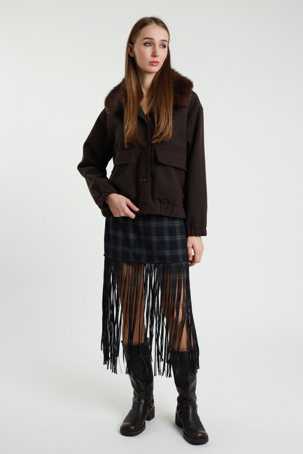Checked and Fringed Mini Skirt