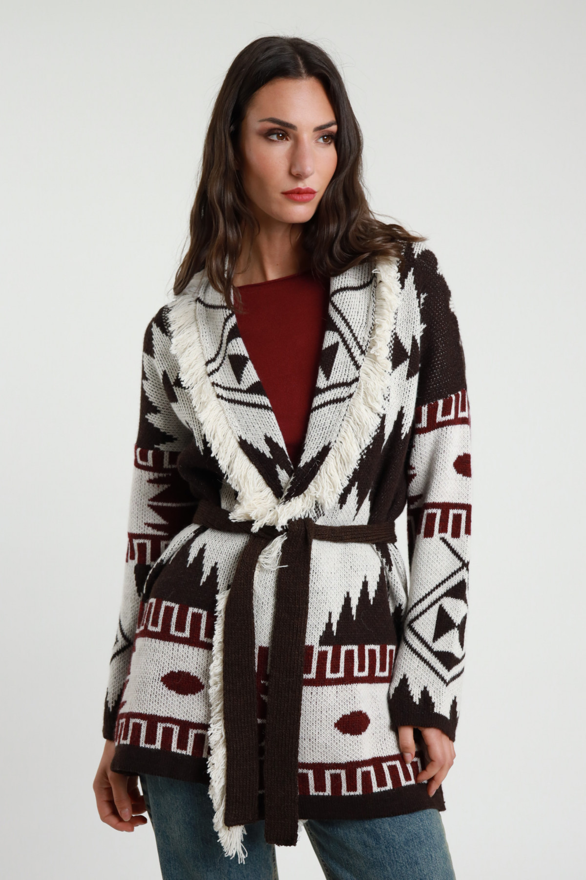 Cardigan Jaquard con Frange