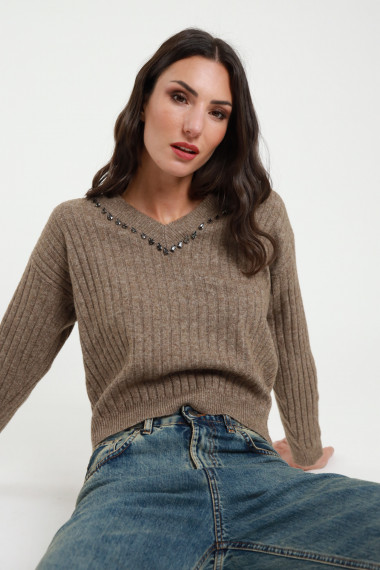 Maglione Scollo V Strass