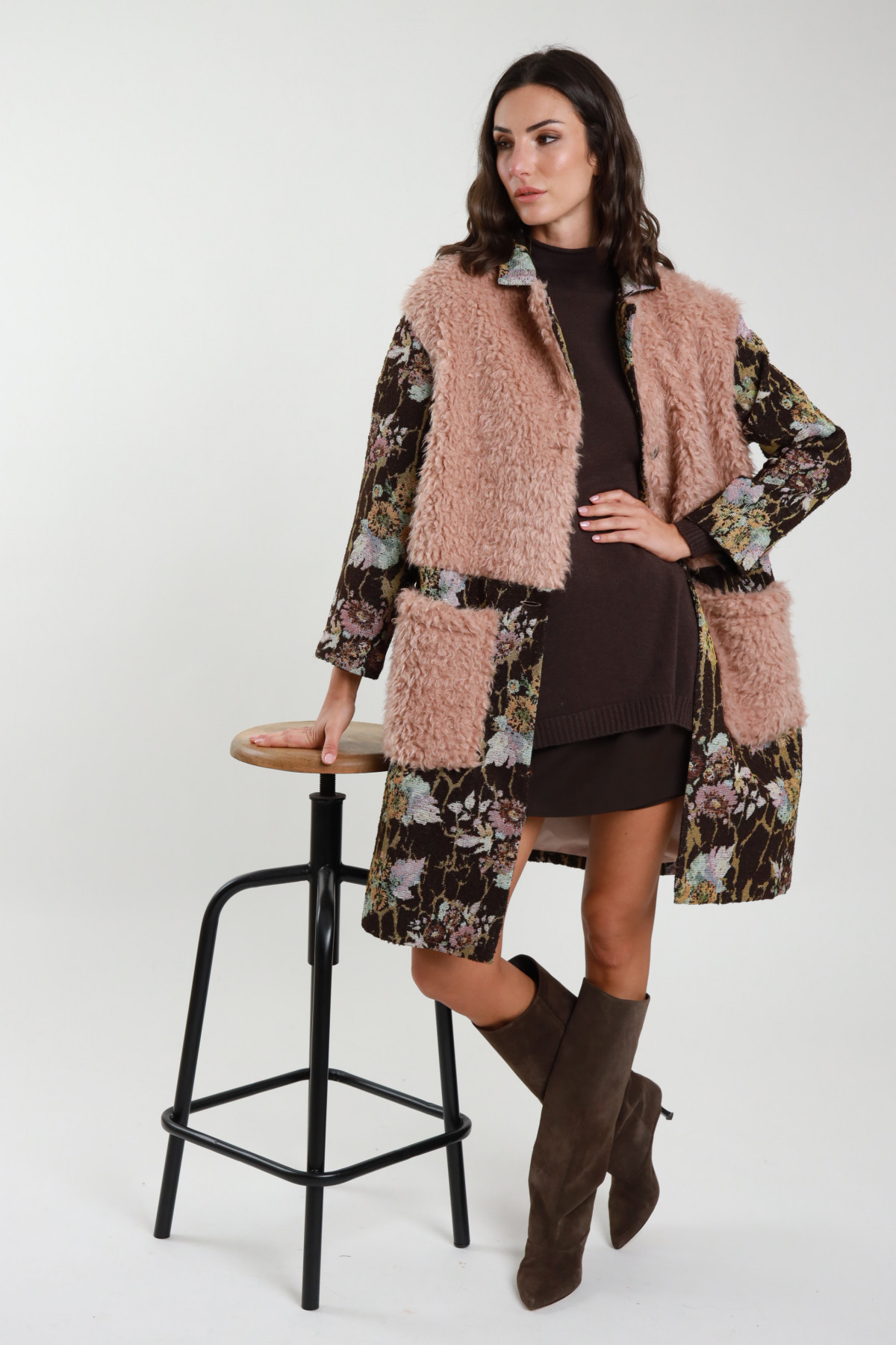 Patterned Coat + Faux Fur