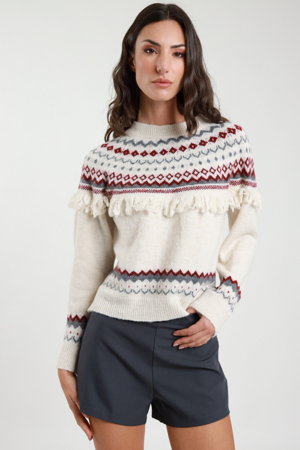 Pull Jacquard con Frange