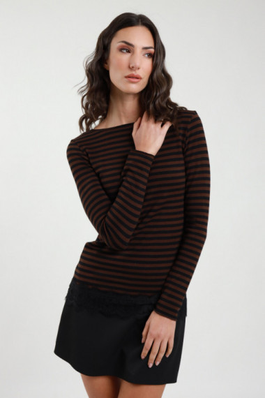 T-Shirt a Righe con Pizzo