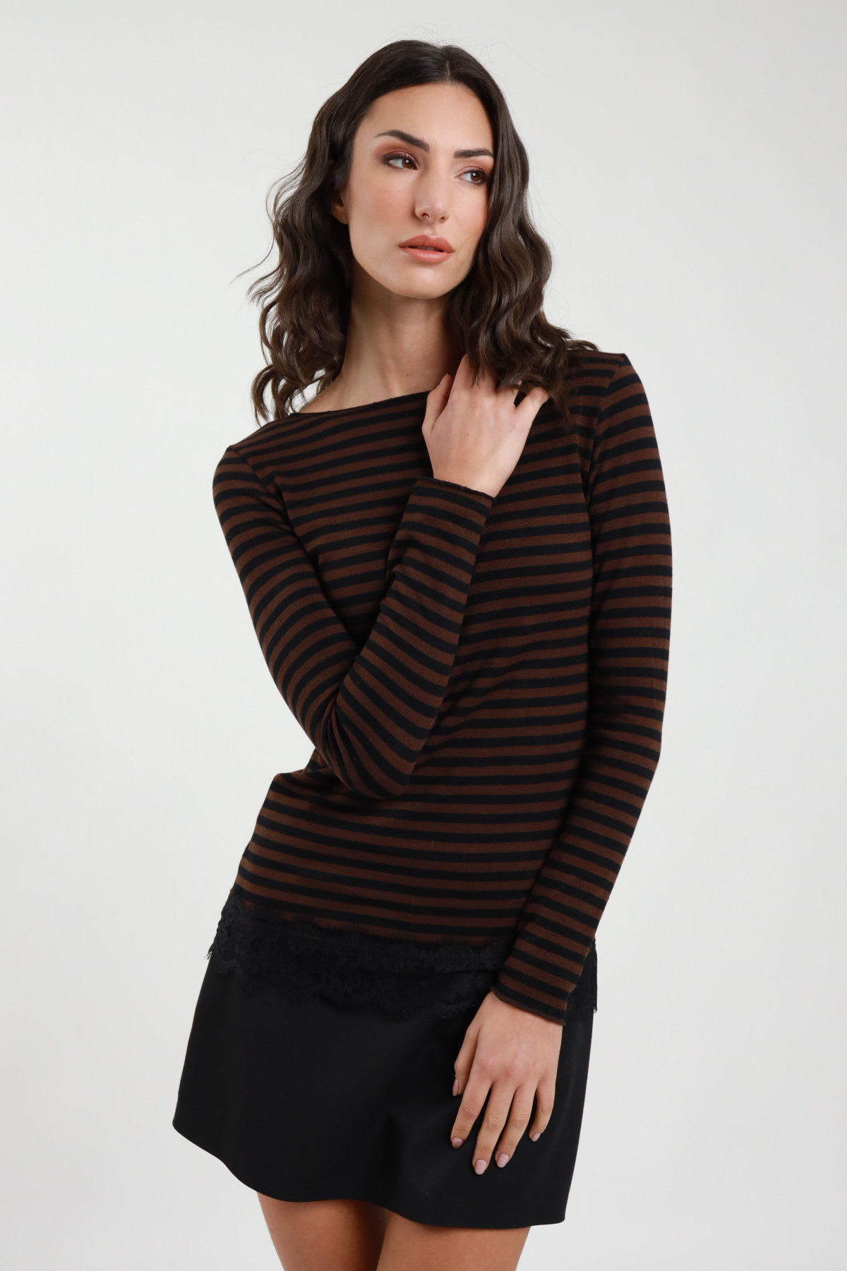 T-Shirt a Righe con Pizzo