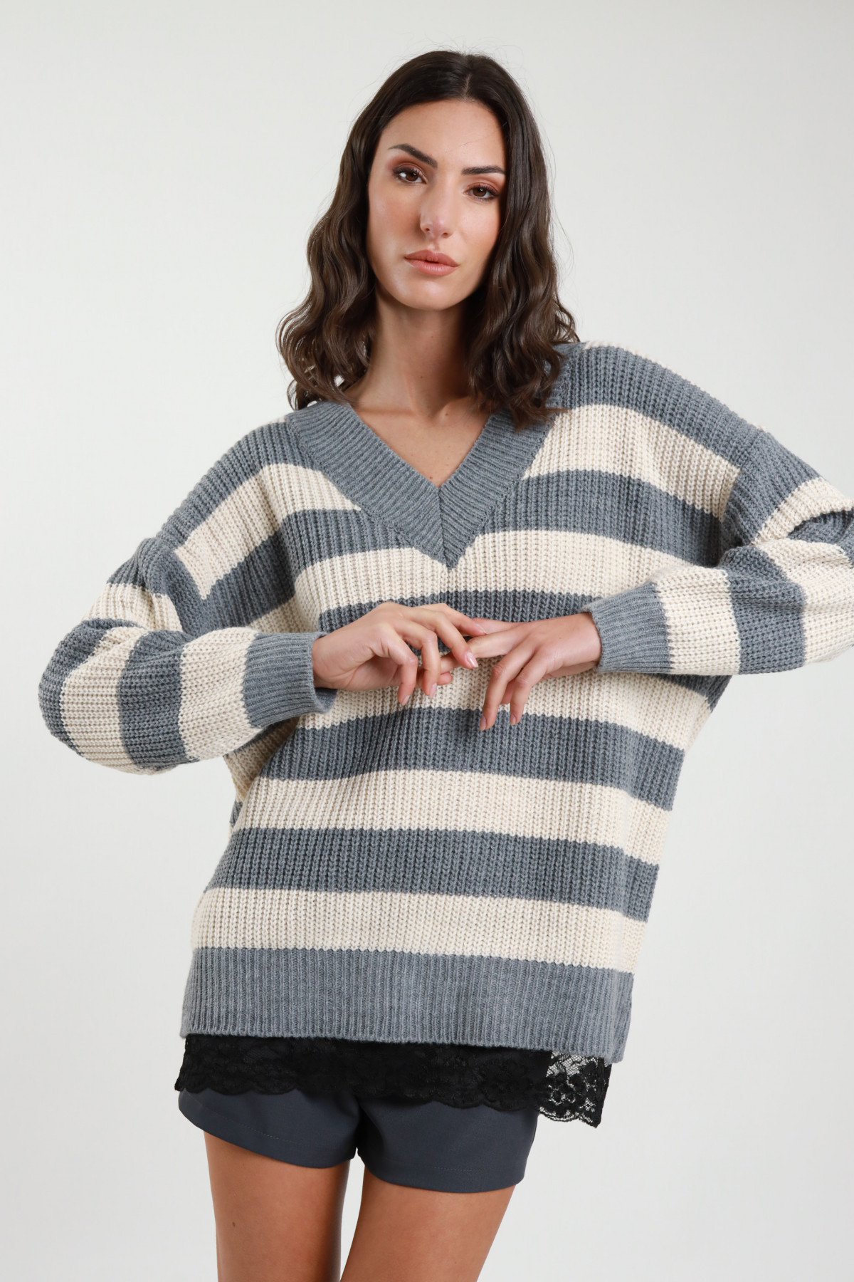 Maxi Pull Rigato con Pizzo