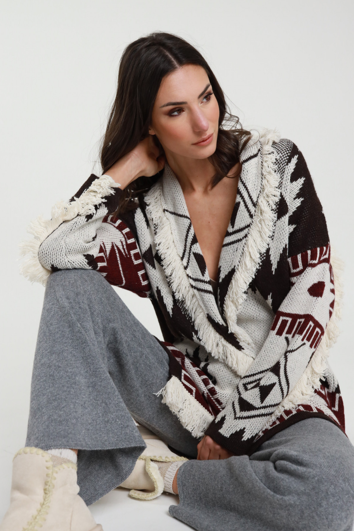 Jacquard-Cardigan mit Fransen