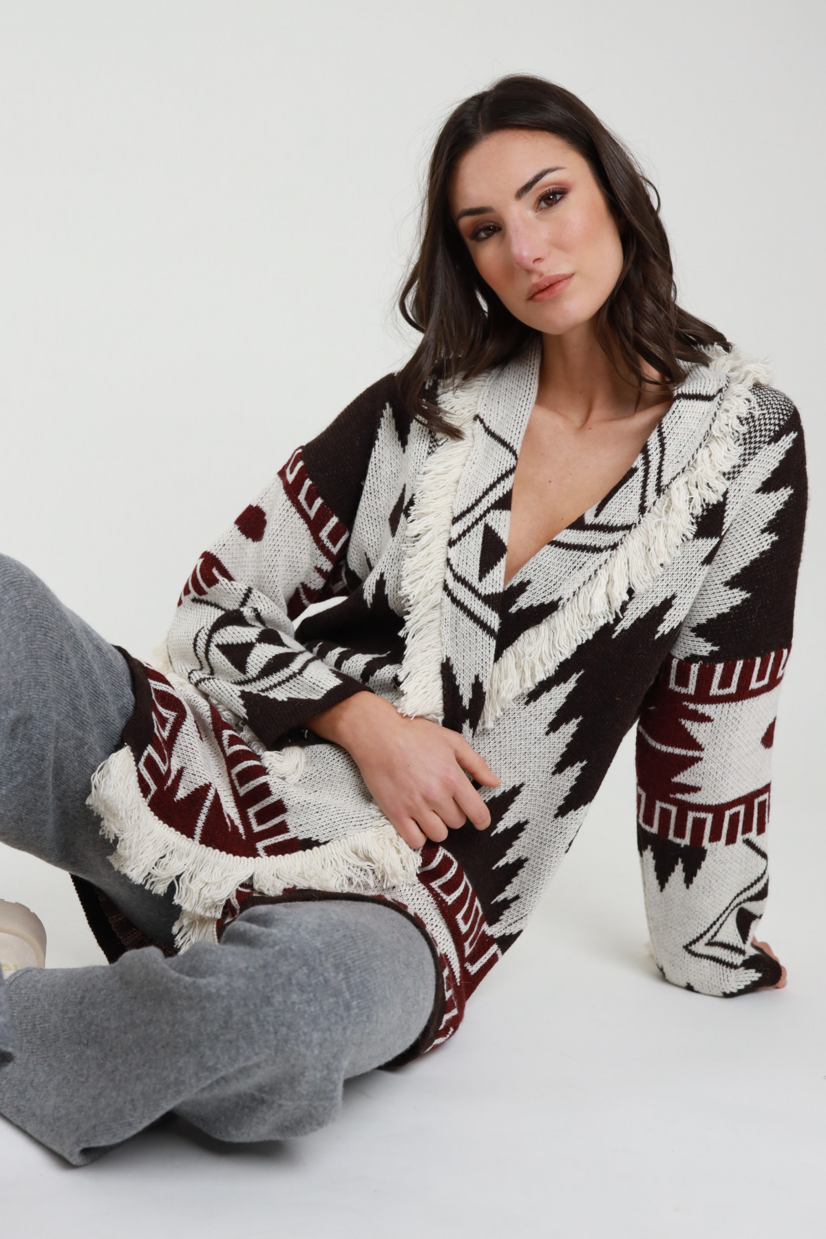 Jacquard-Cardigan mit Fransen