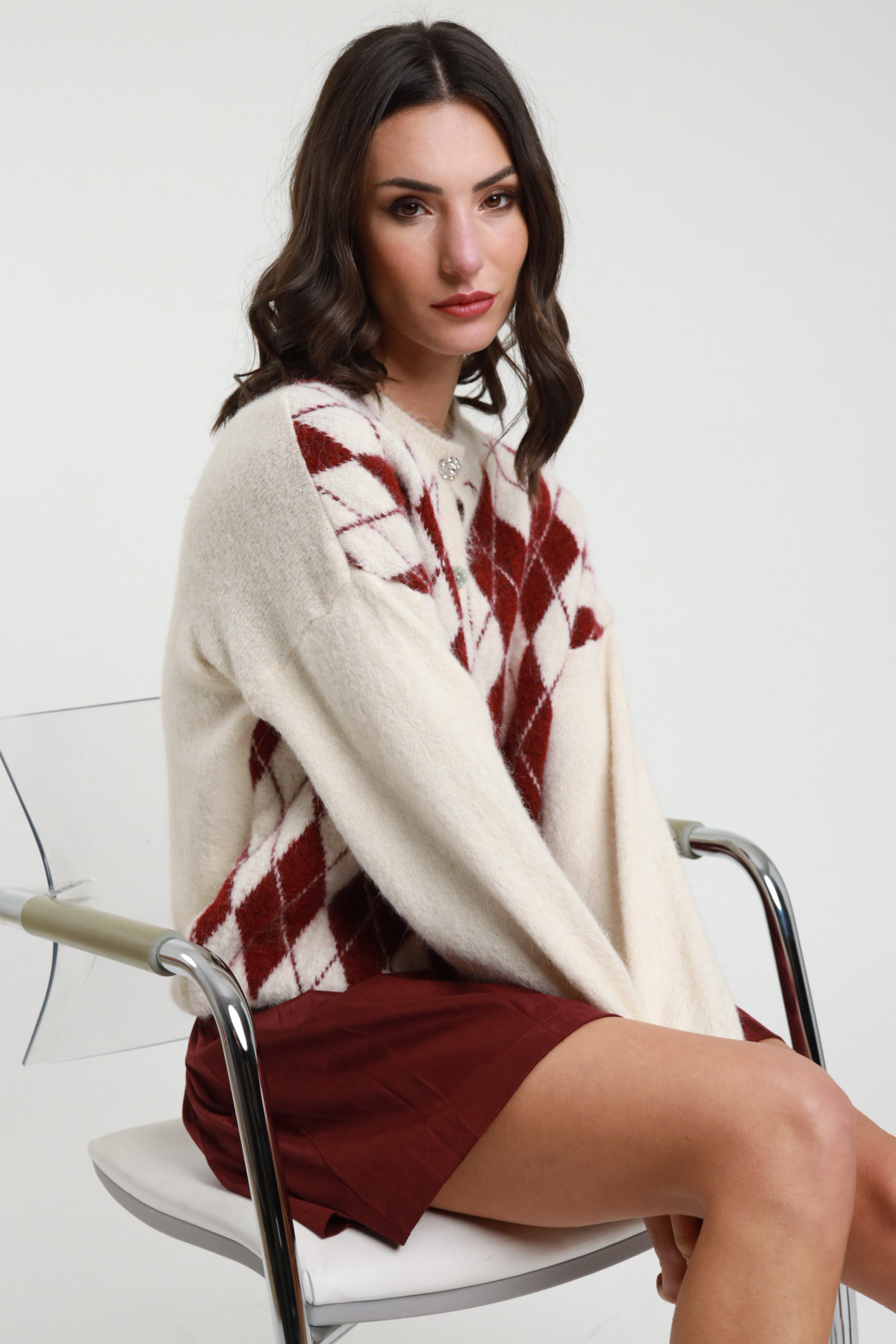 Cardigan Rombi Bottone Gioiello