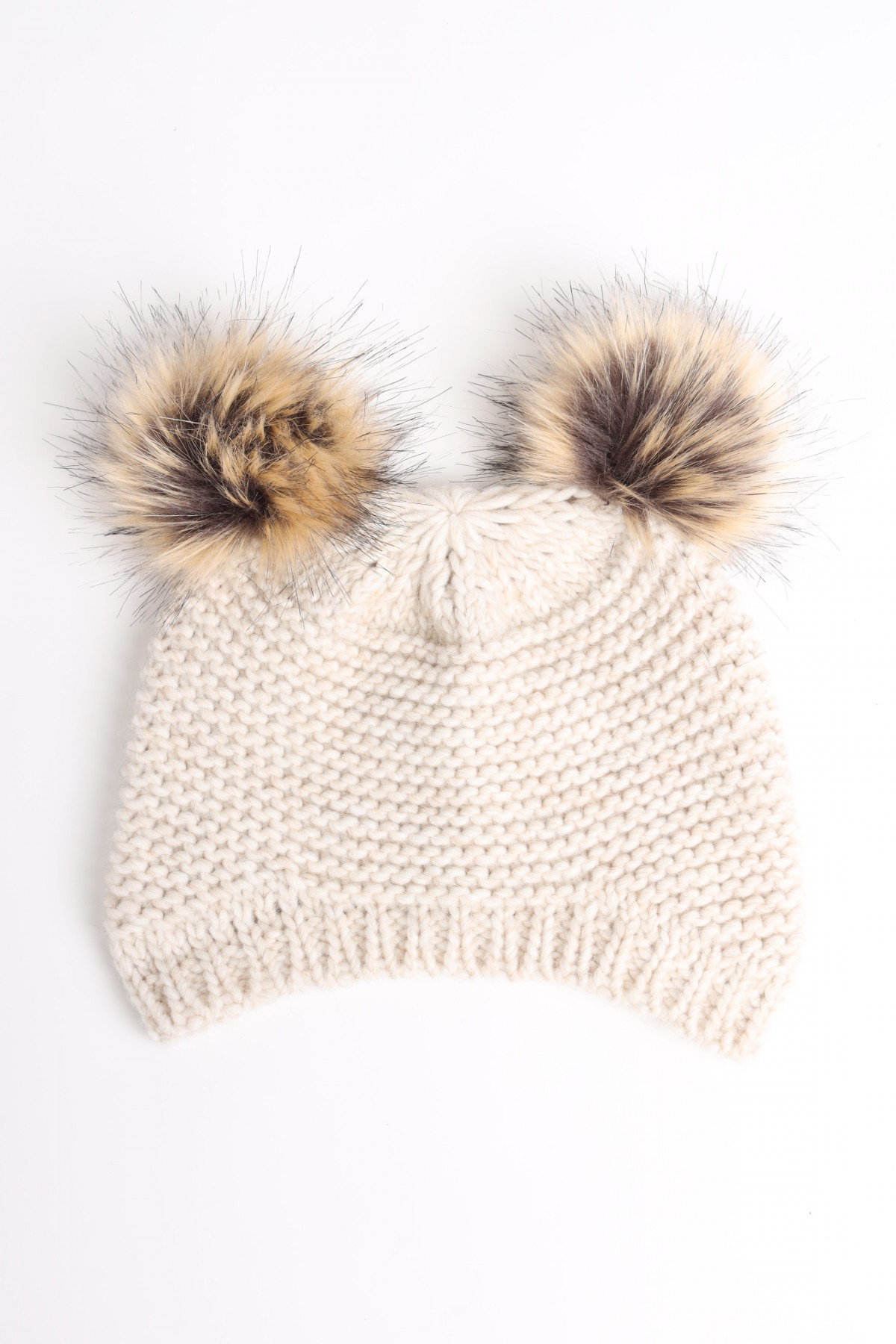 Knitted Hat with Double Pom Pon in Faux Fur