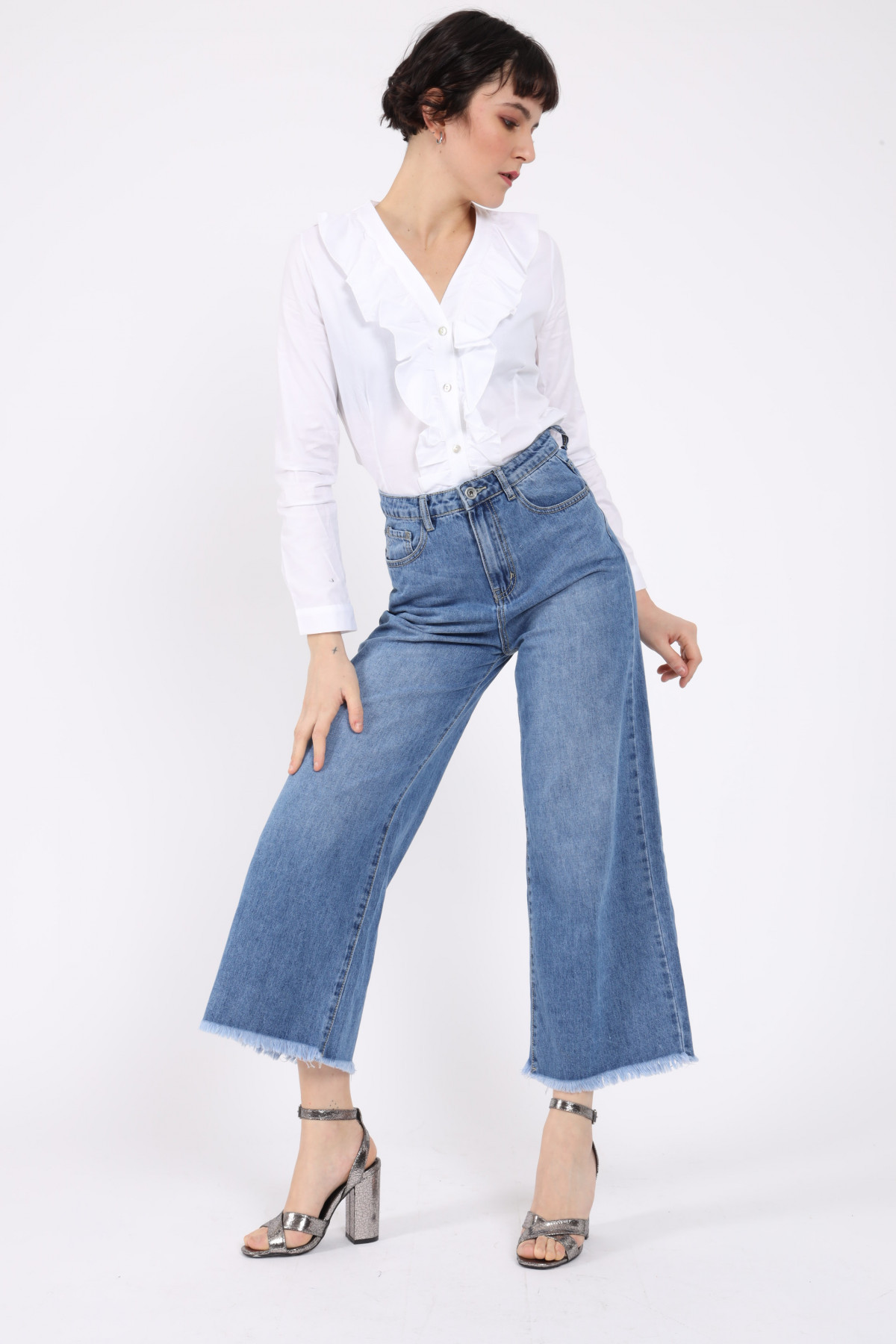 5 Pocket Palazzo High Waist Jeans with Fringed Bottom