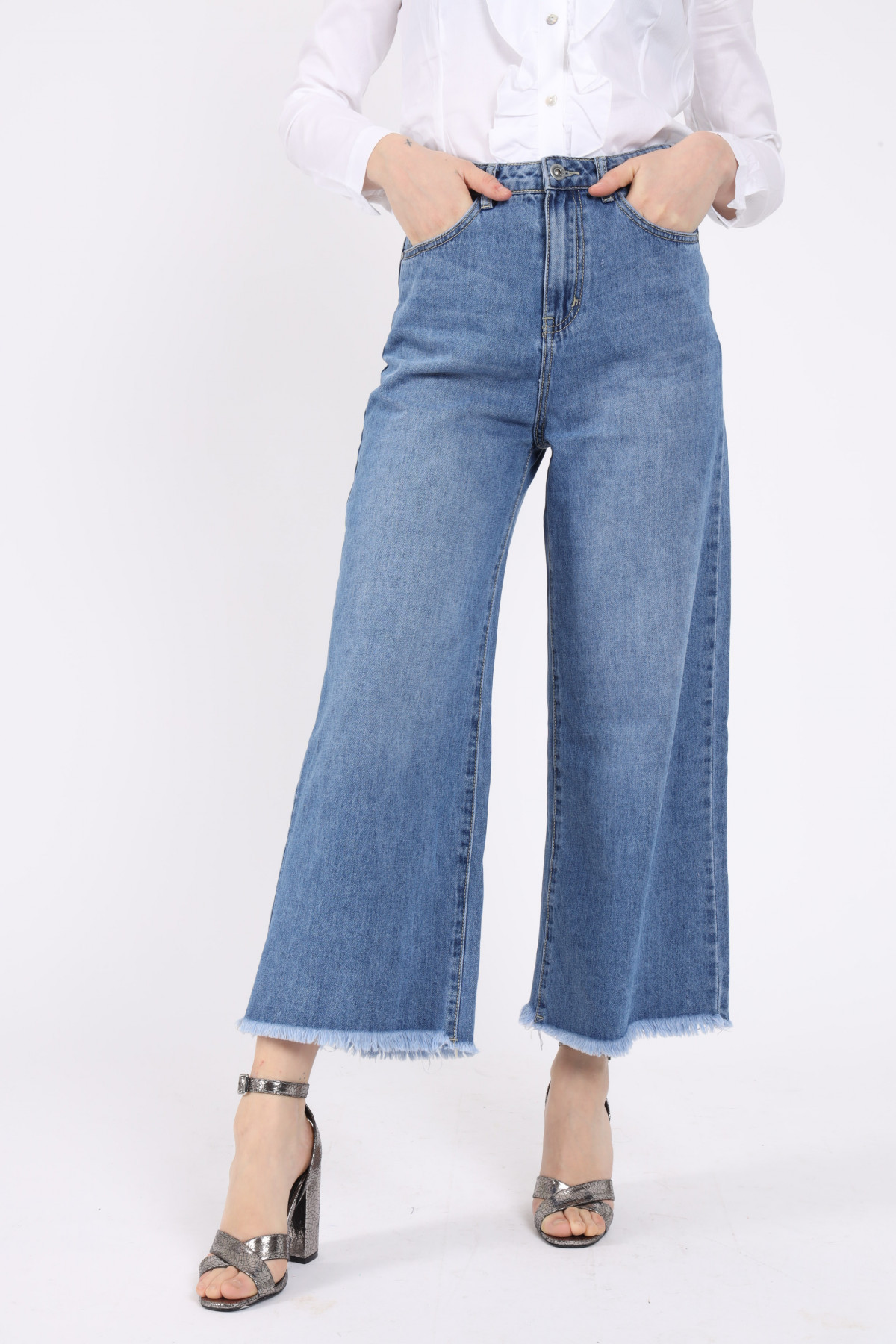 5 Pocket Palazzo High Waist Jeans with Fringed Bottom