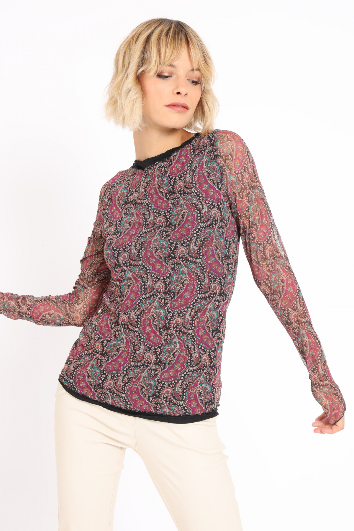 Long Sleeve Tulle T-Shirt in Paisley Fantasy Print