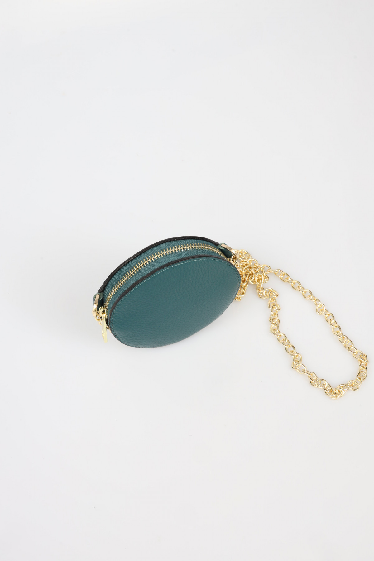 Circular Coin Purse in Genuine Leather with Golden Shoulder Strap