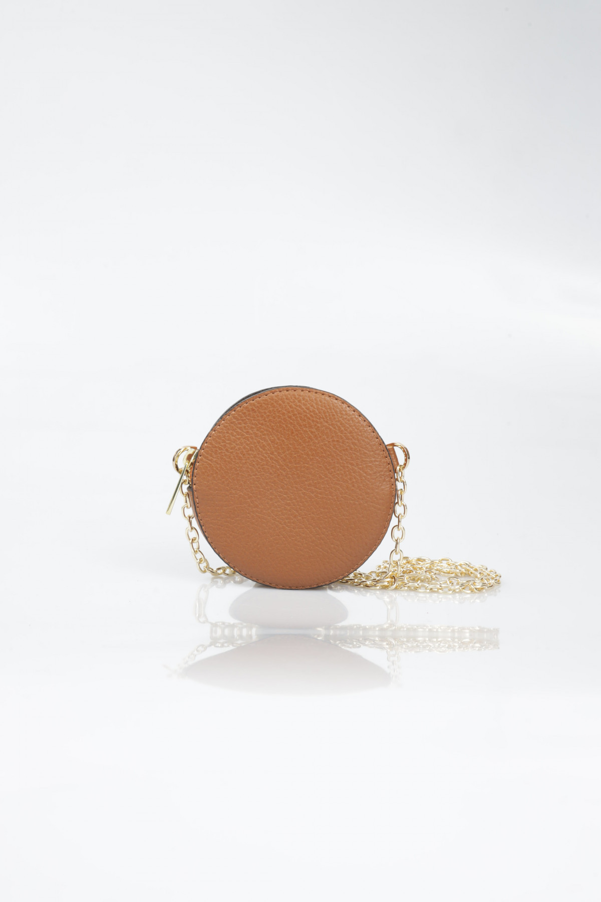 Circular Coin Purse in Genuine Leather with Golden Shoulder Strap