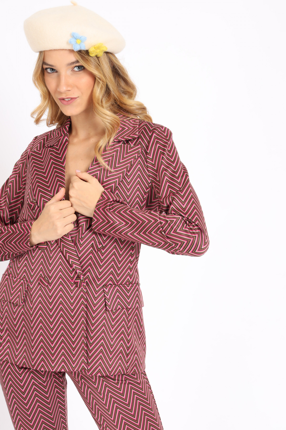 Double-Breasted Jacket with Spike Revers in Herringbone Patterned Print