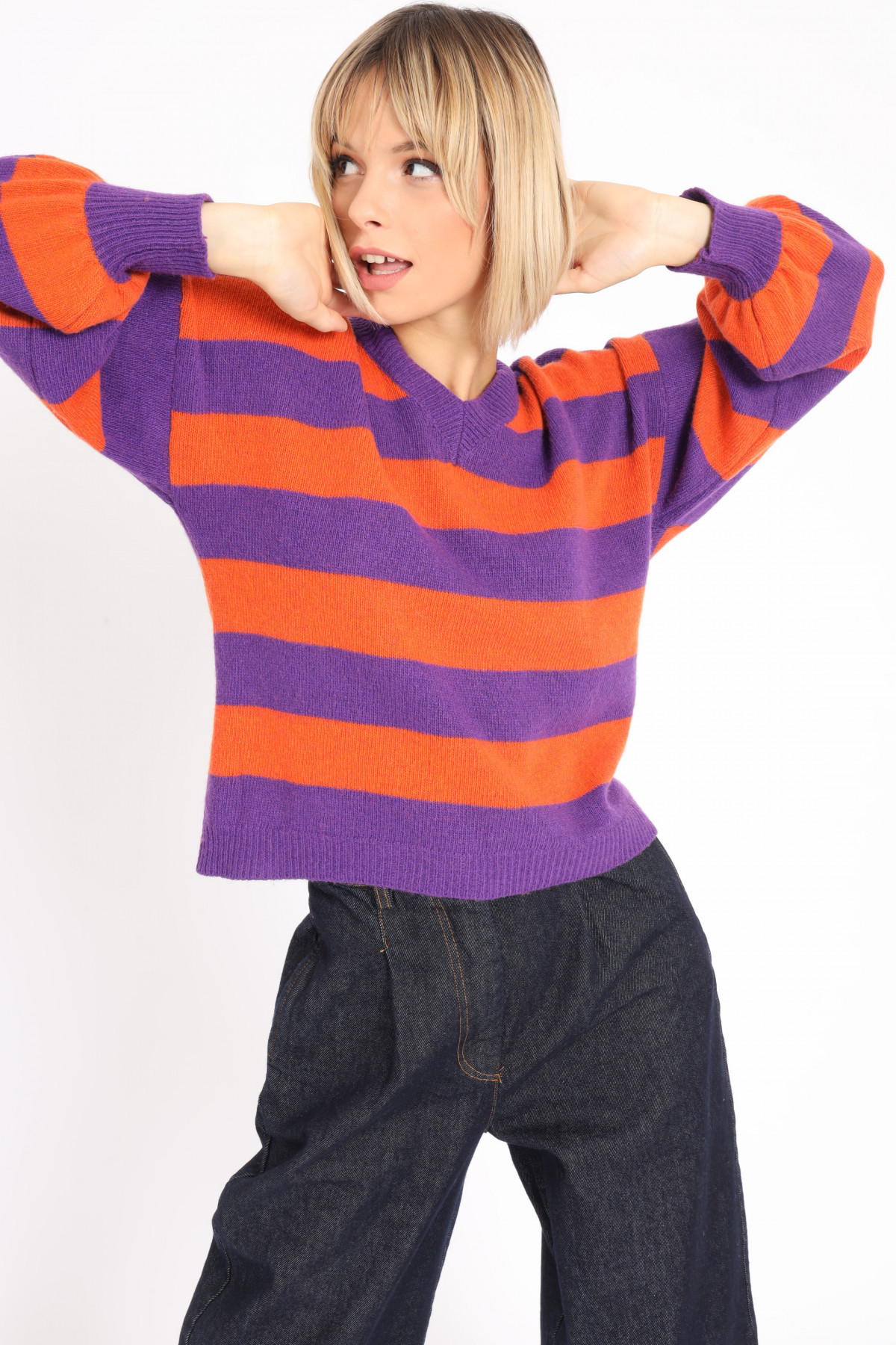 Striped V-Neck Pullover with Balloon Sleeves