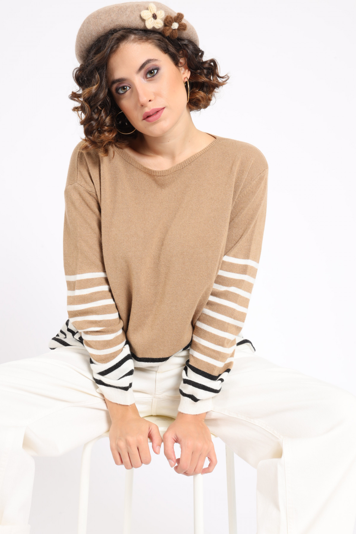Striped Patterned Boat Neck Pullover