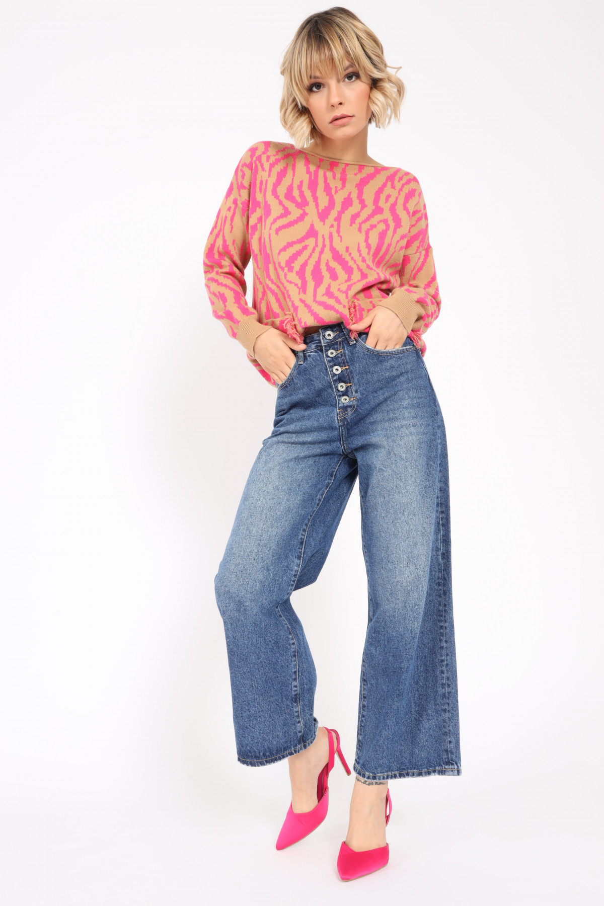 5 Pockets Palazzo Crop Jeans with Buttons