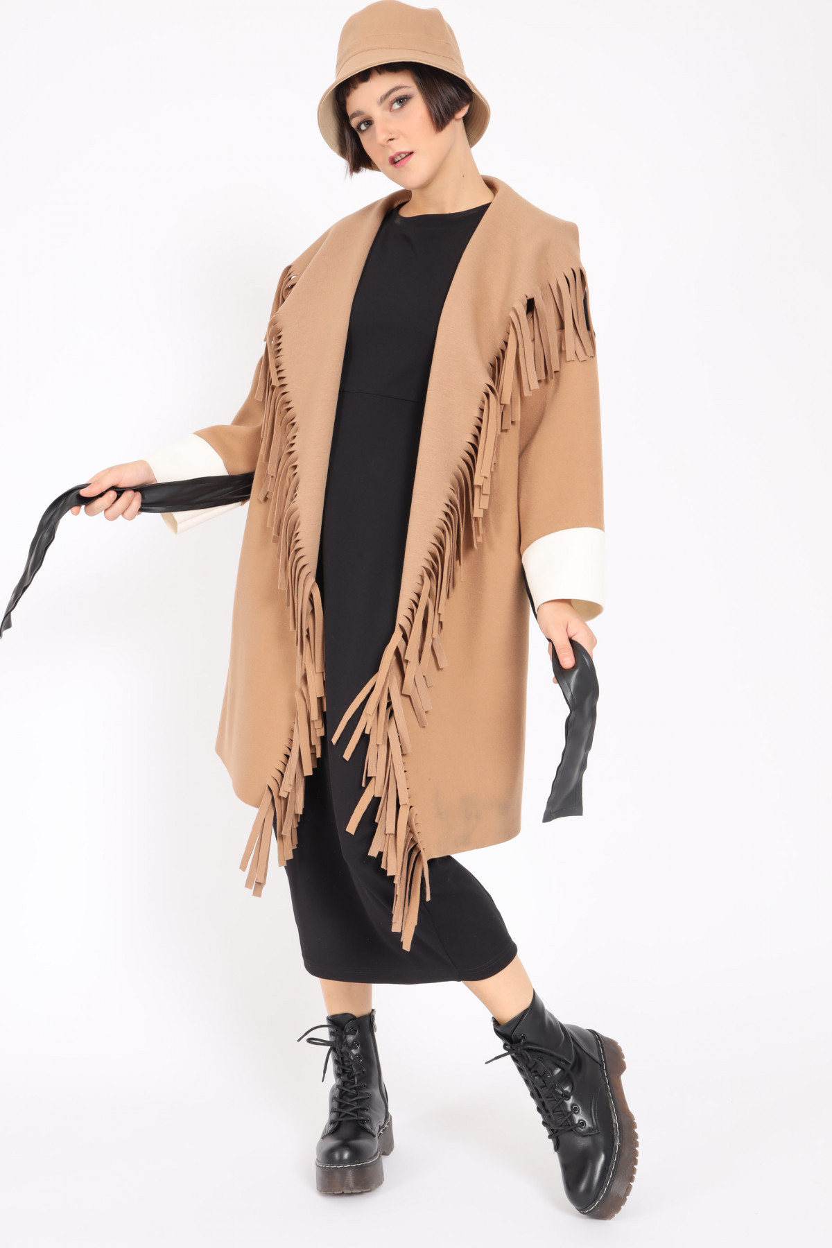 Over Coat with Fringed Revers and Faux Leather Belt