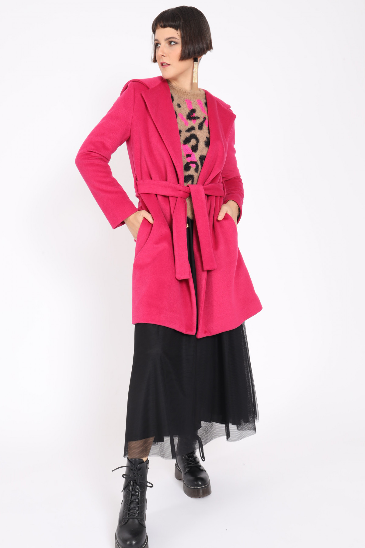 Coat With Hood and Belt in Matching Color