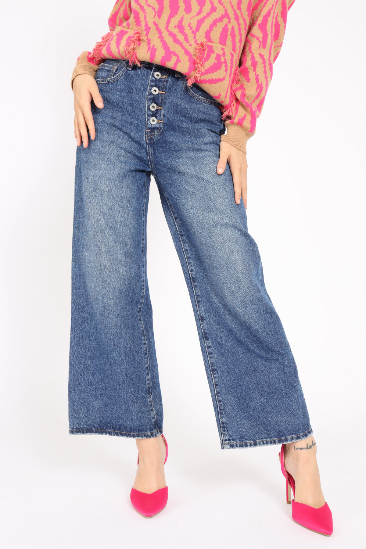 5 Pockets Palazzo Crop Jeans with Buttons