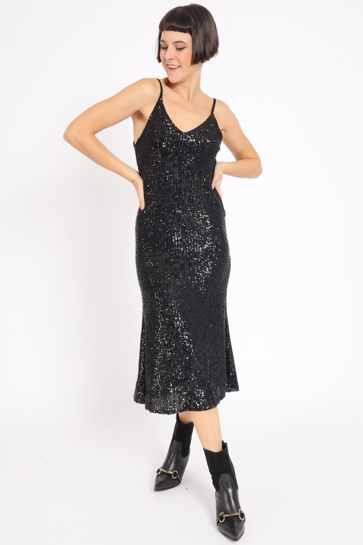 Long Dress in Sequins Thin Straps