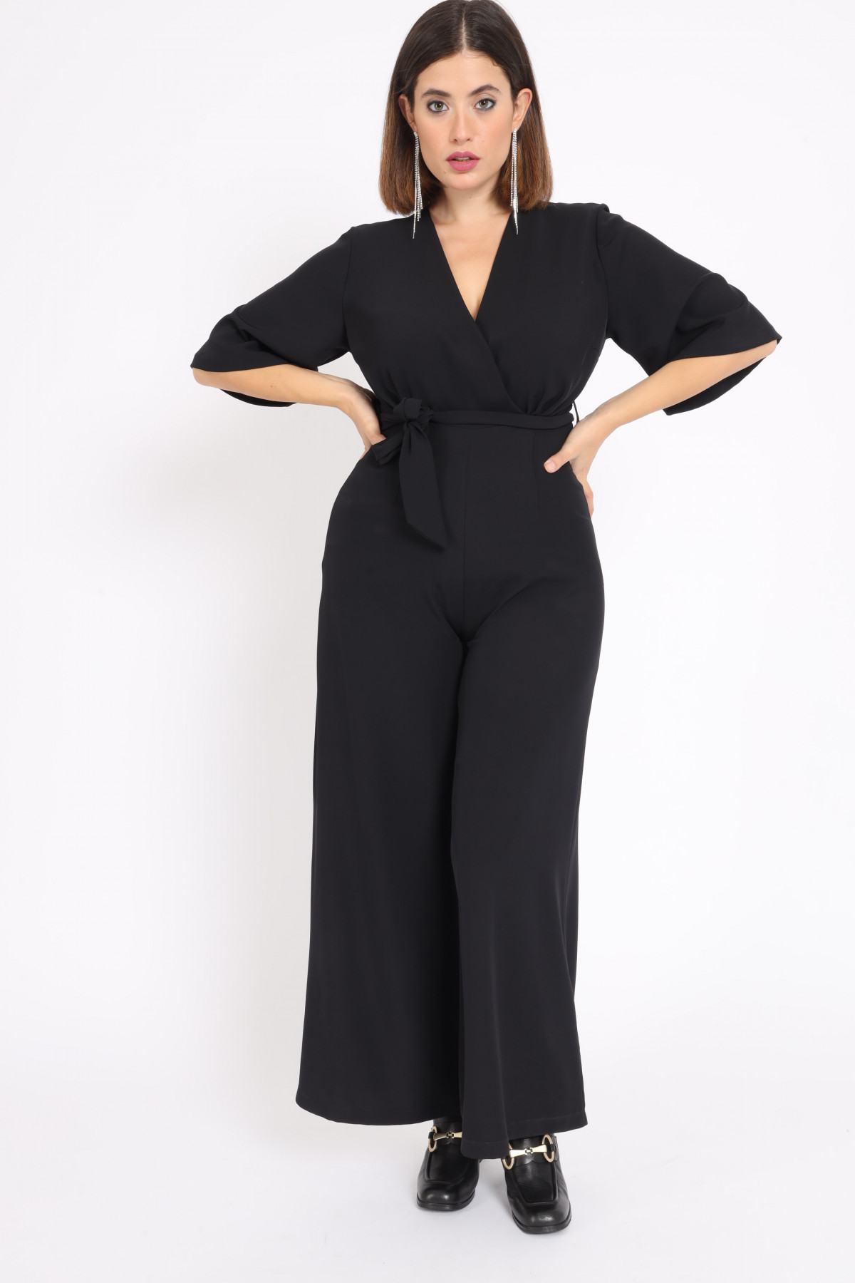 Cross-neck jumpsuit with matching belt