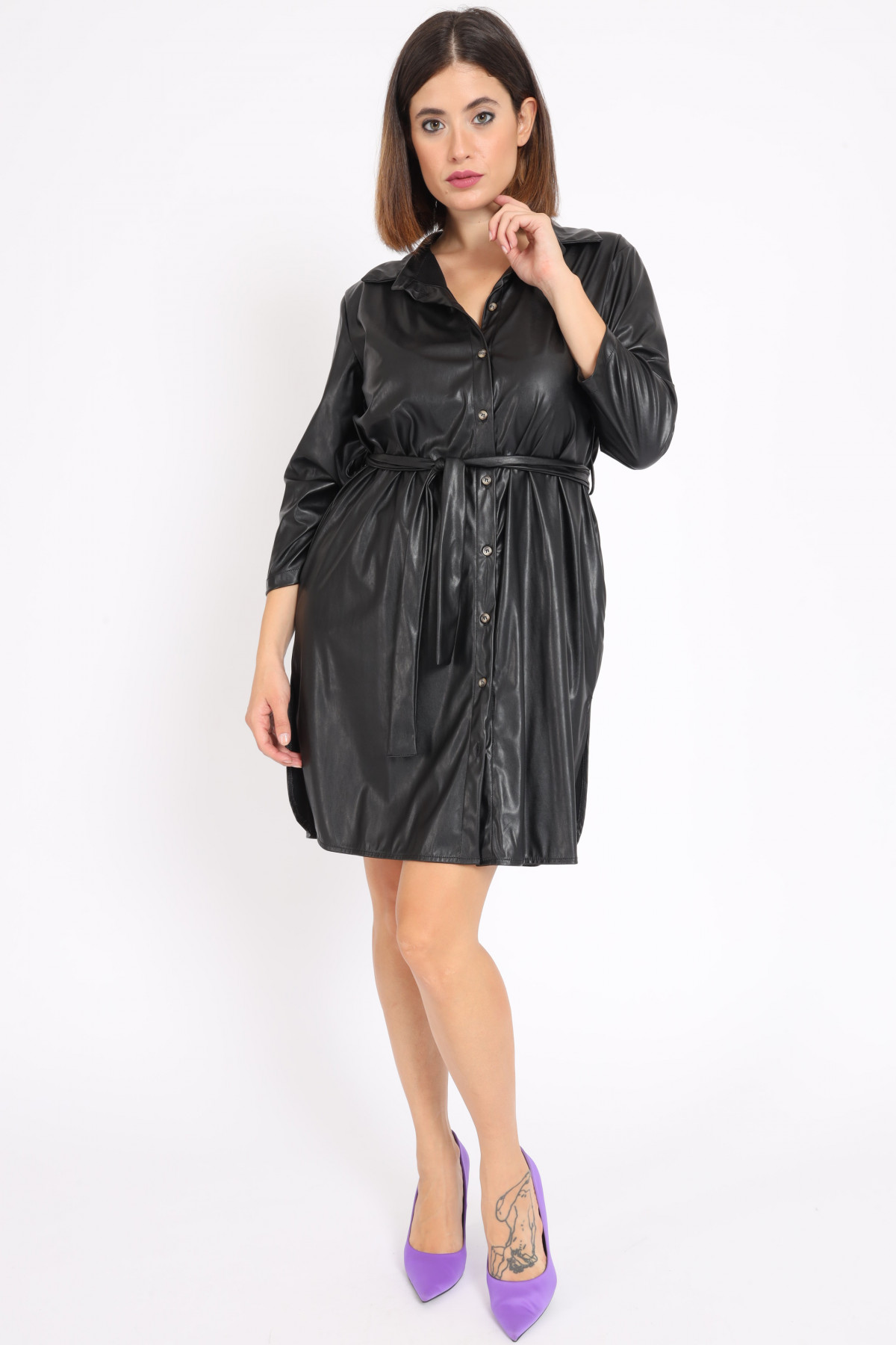 Faux Leather Chemisier Dress with Belt