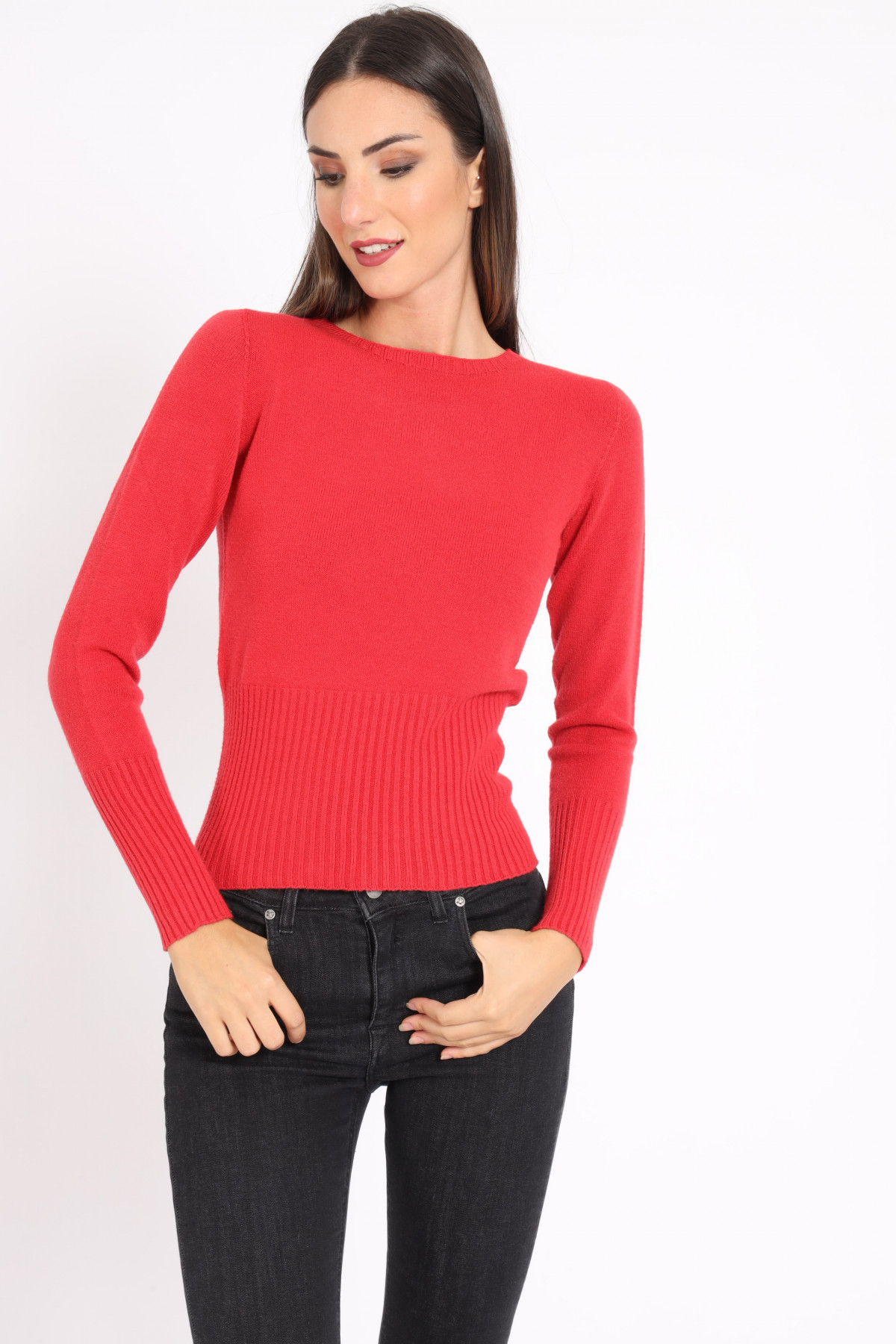 Round Neck Pullover with Ribbed Details