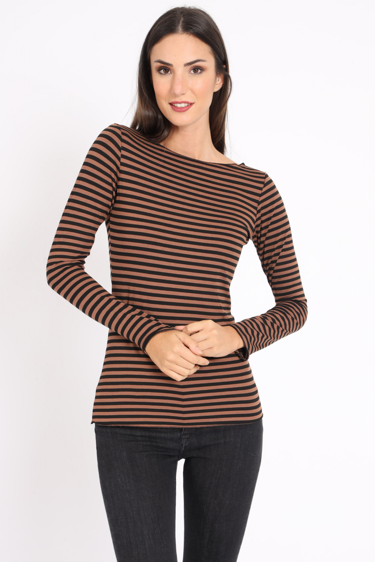 Long Sleeve Striped T-Shirt with Boat Neck