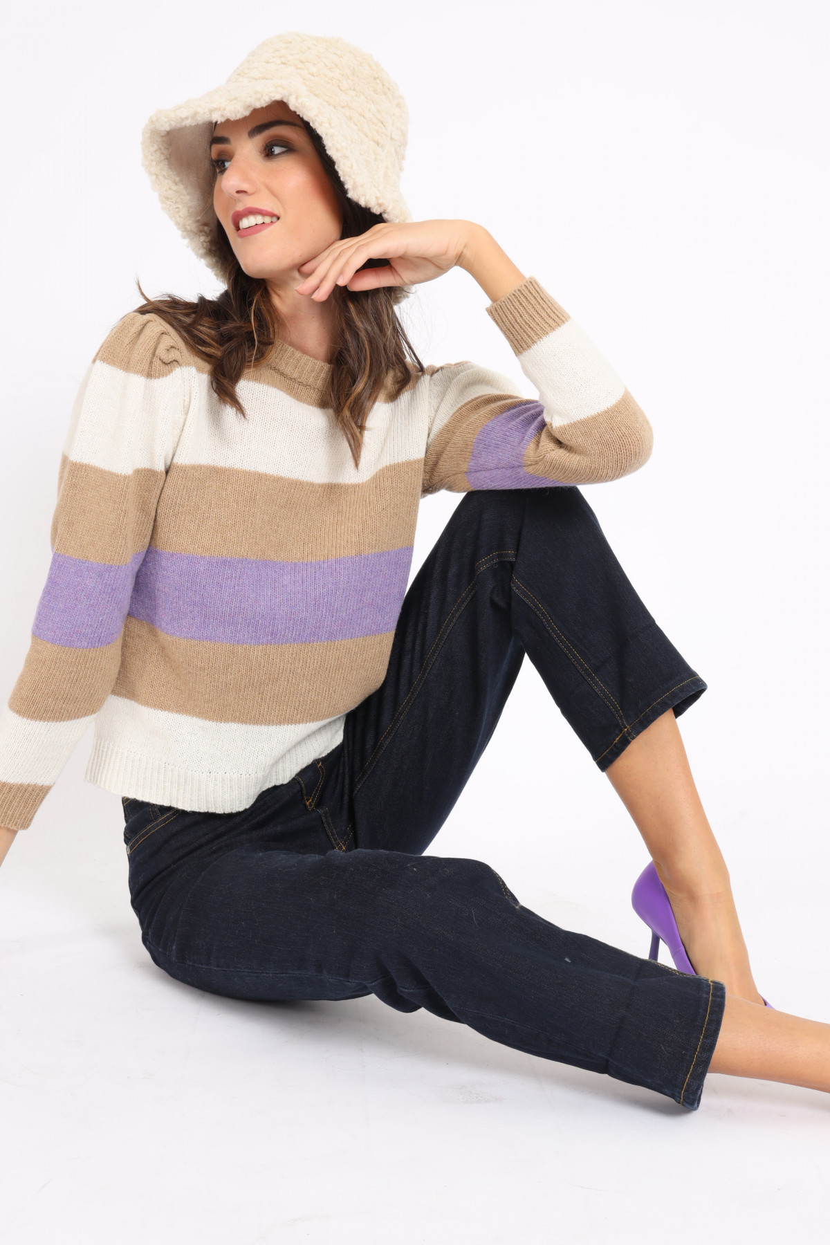 Striped Patterned Puff Sleeves Pullover