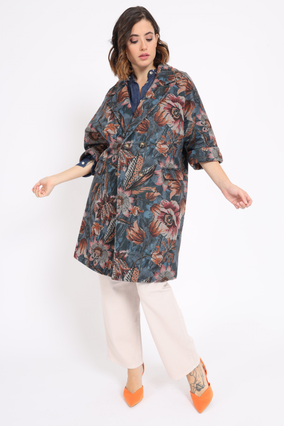 Double Breasted Coat 3/4 Sleeves in Floral Fantasy Print