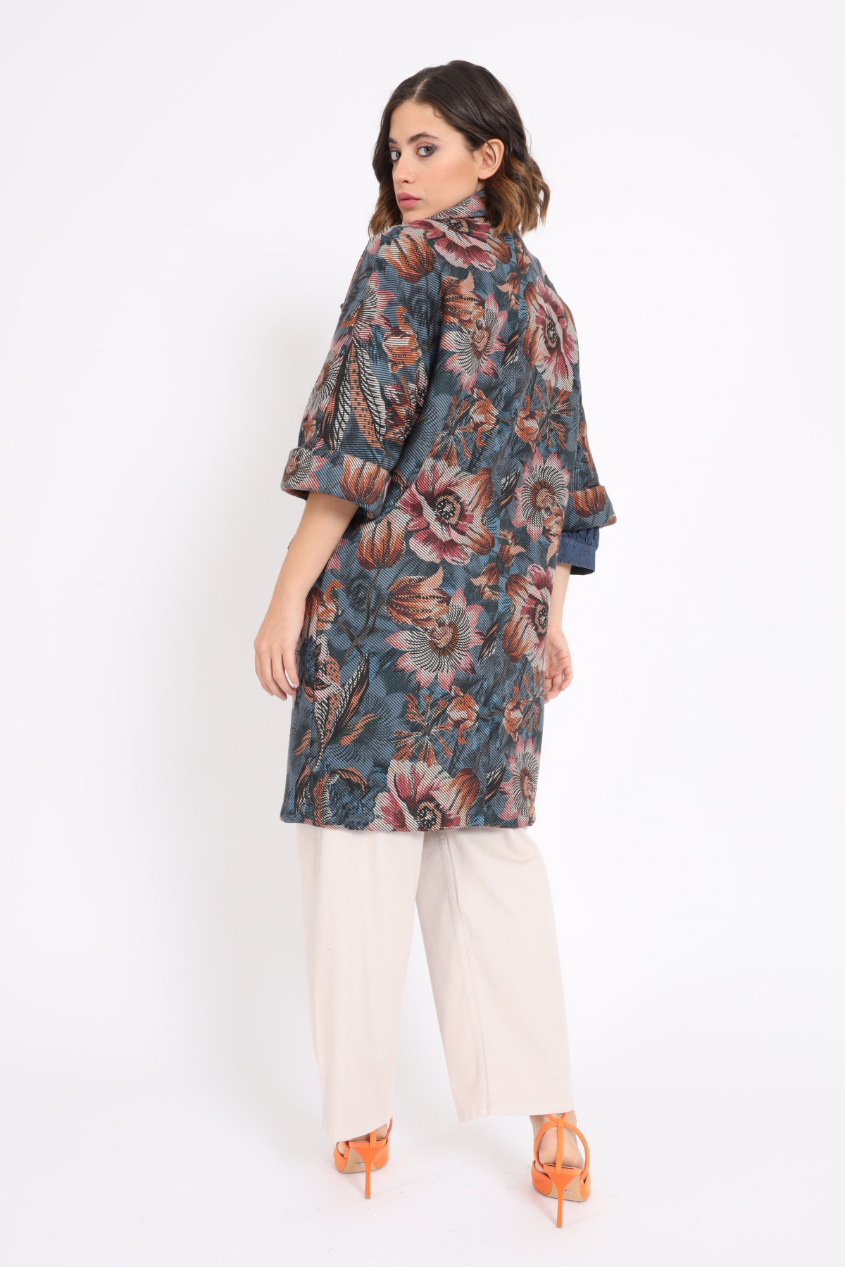 Double Breasted Coat 3/4 Sleeves in Floral Fantasy Print