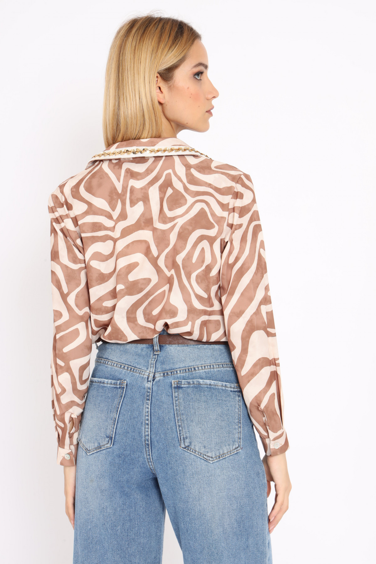 Variegated Patterned Shirt with Sequins Detail