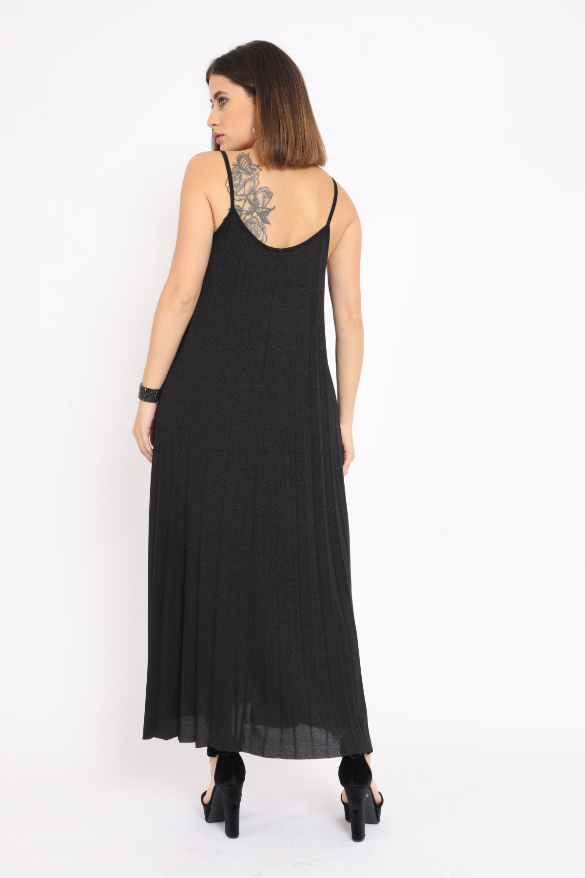 Pleated Lurex Grafts Dress with Thin Straps
