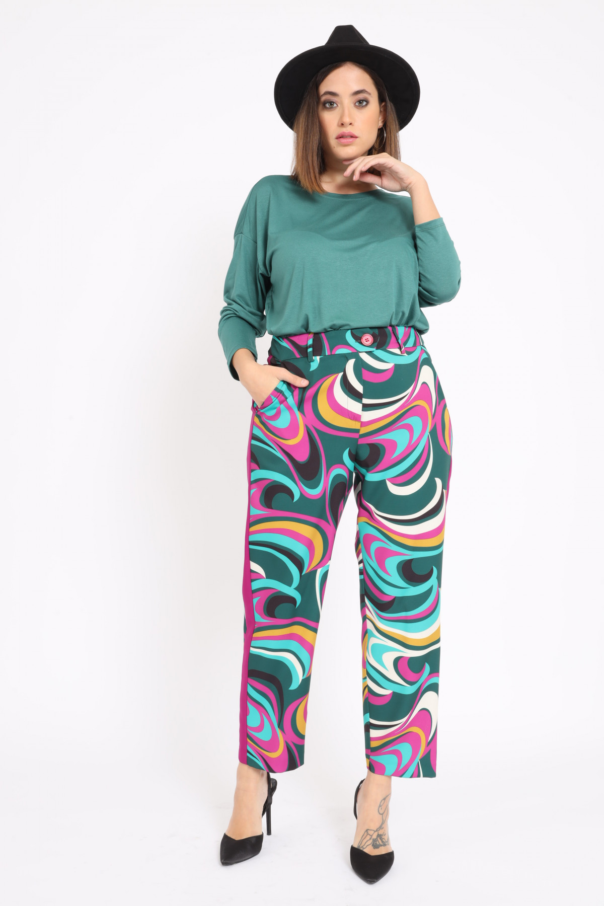 High Waist Trousers with Contrast Bands in Multicolor Fantasy Print