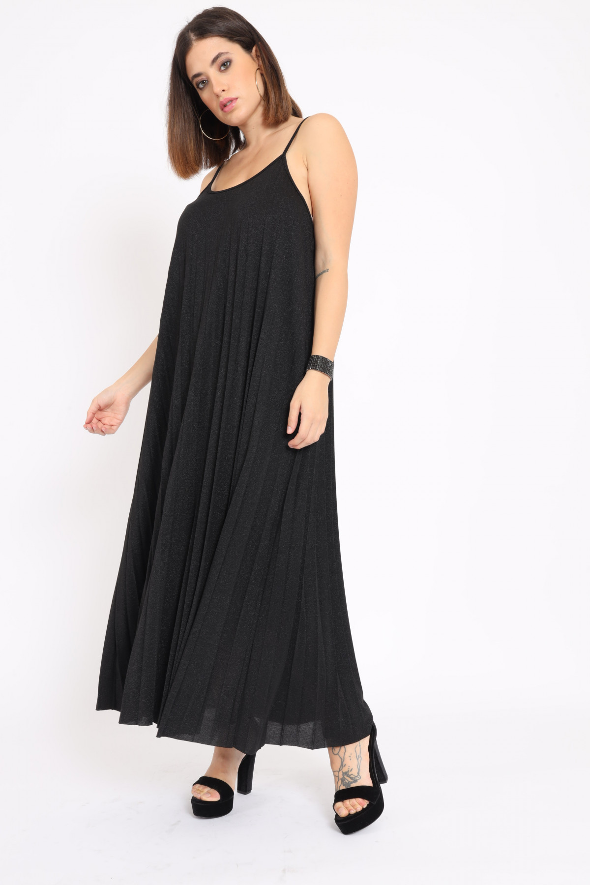 Pleated Lurex Grafts Dress with Thin Straps