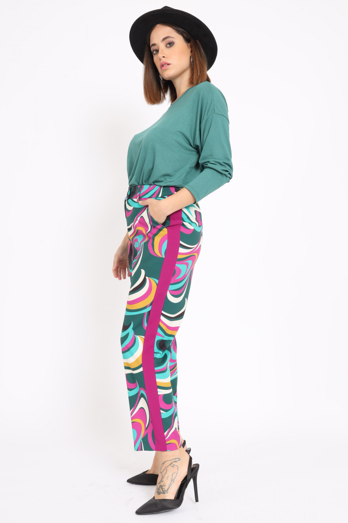 High Waist Trousers with Contrast Bands in Multicolor Fantasy Print