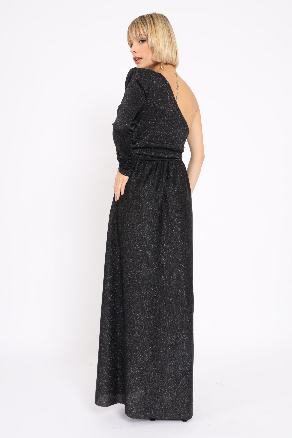 Langes One-Shoulder-Kleid mit Seitenschlitz aus Lurex