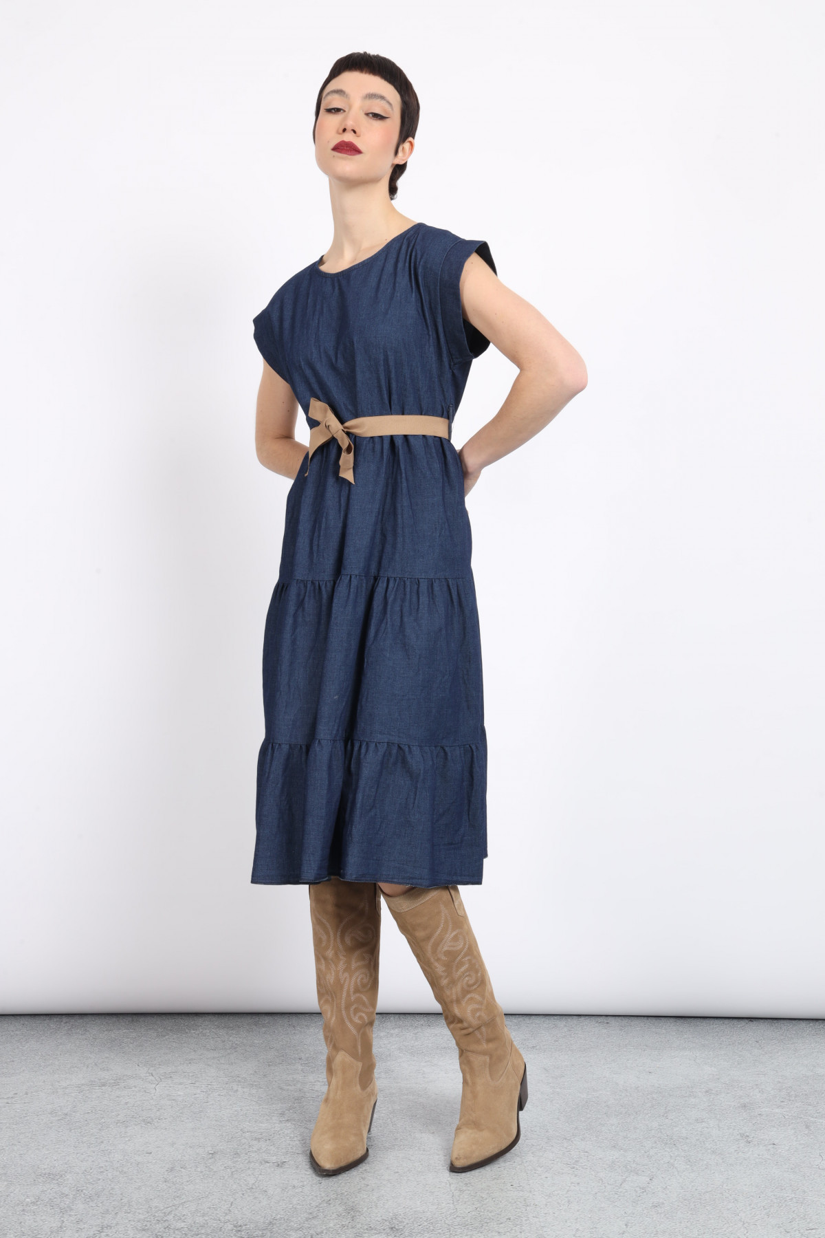 Flounced Midi Dress with Belt
