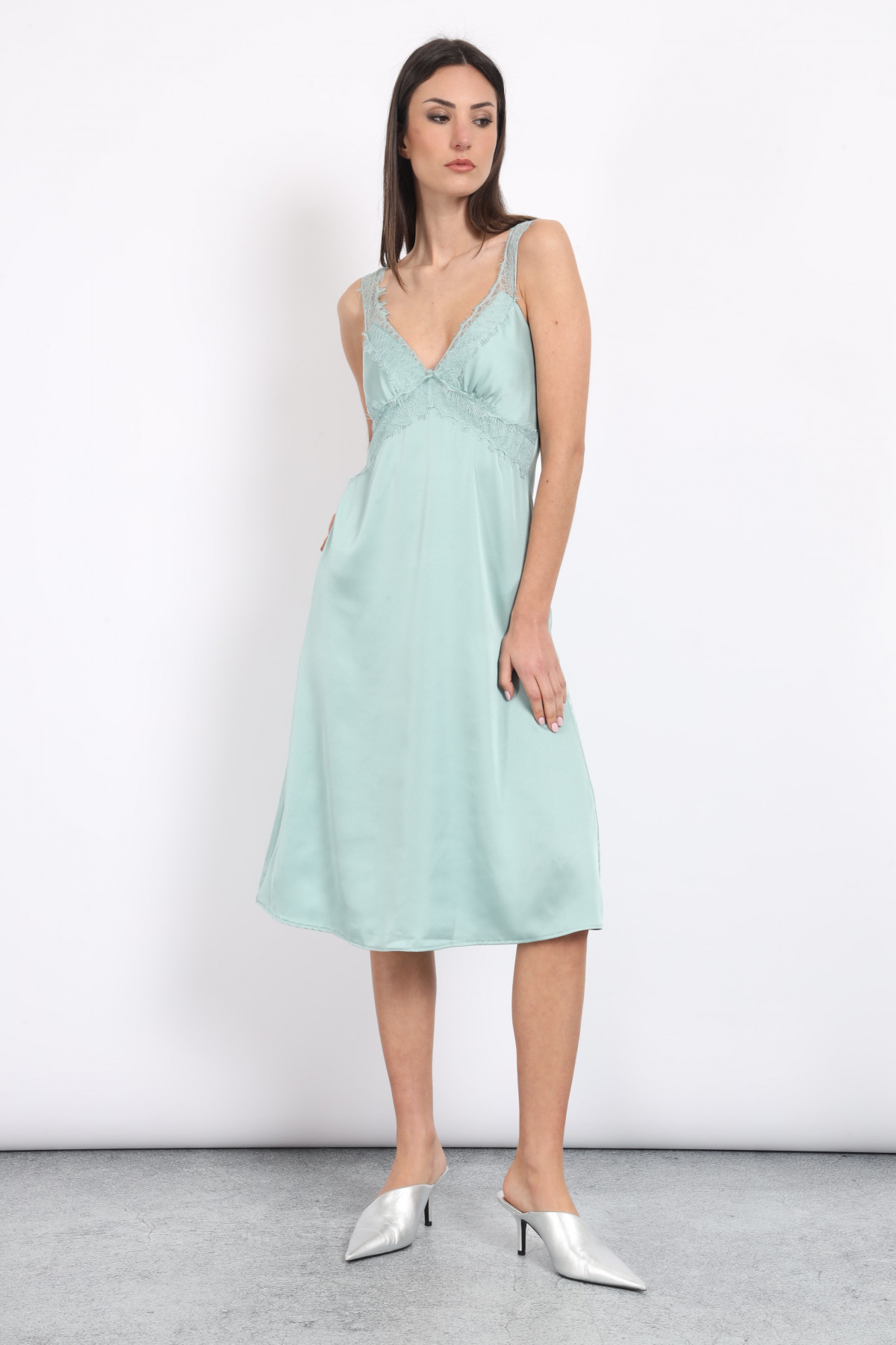 Satin Dress with Lace Inserts