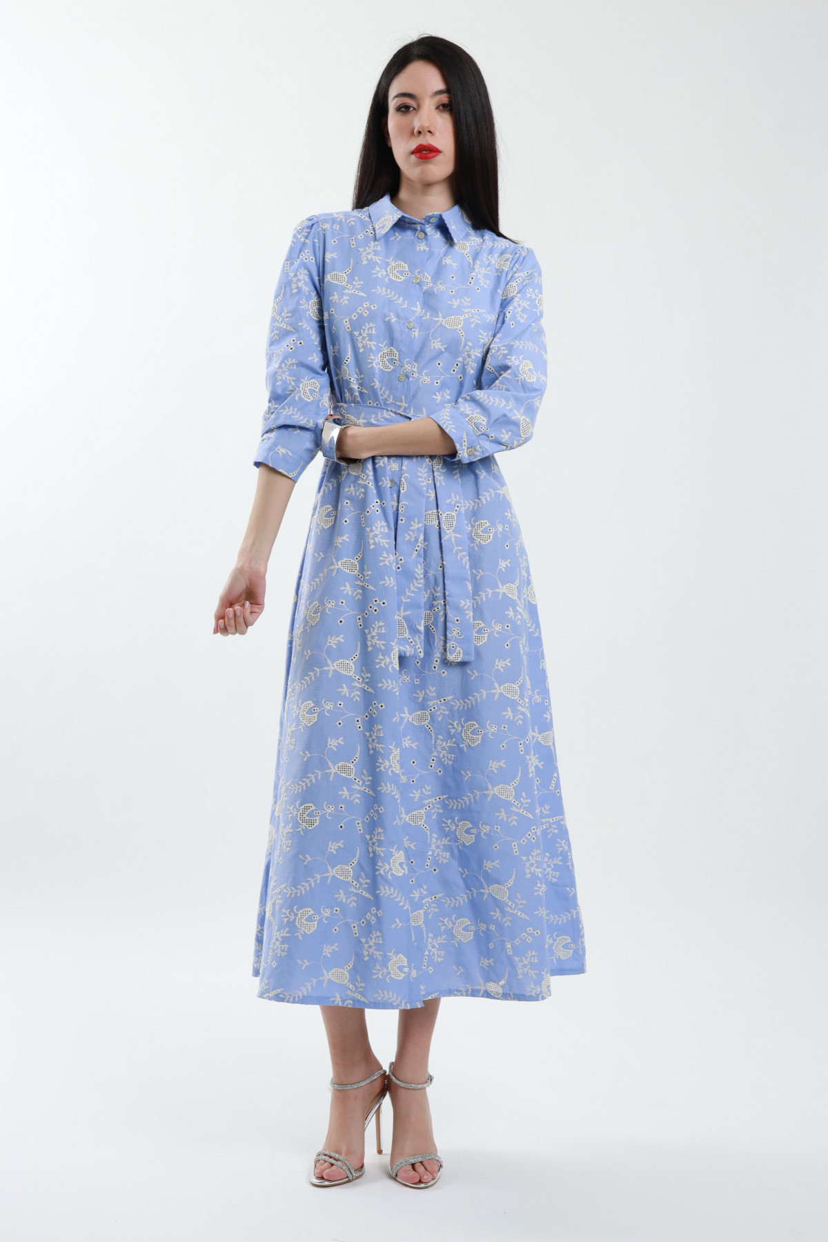 Embroidered shirt dress with 3/4 sleeves
