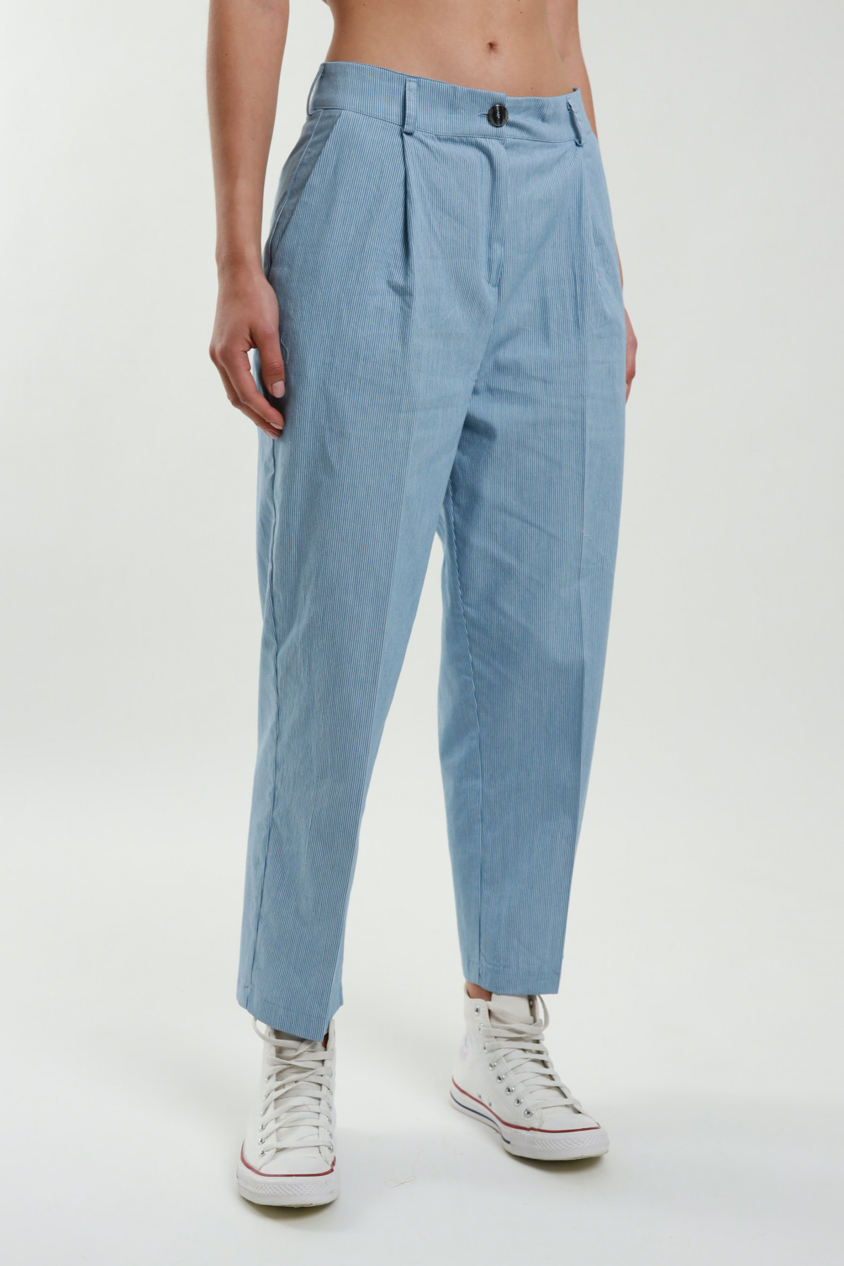 Egg-shaped pinstripe trousers