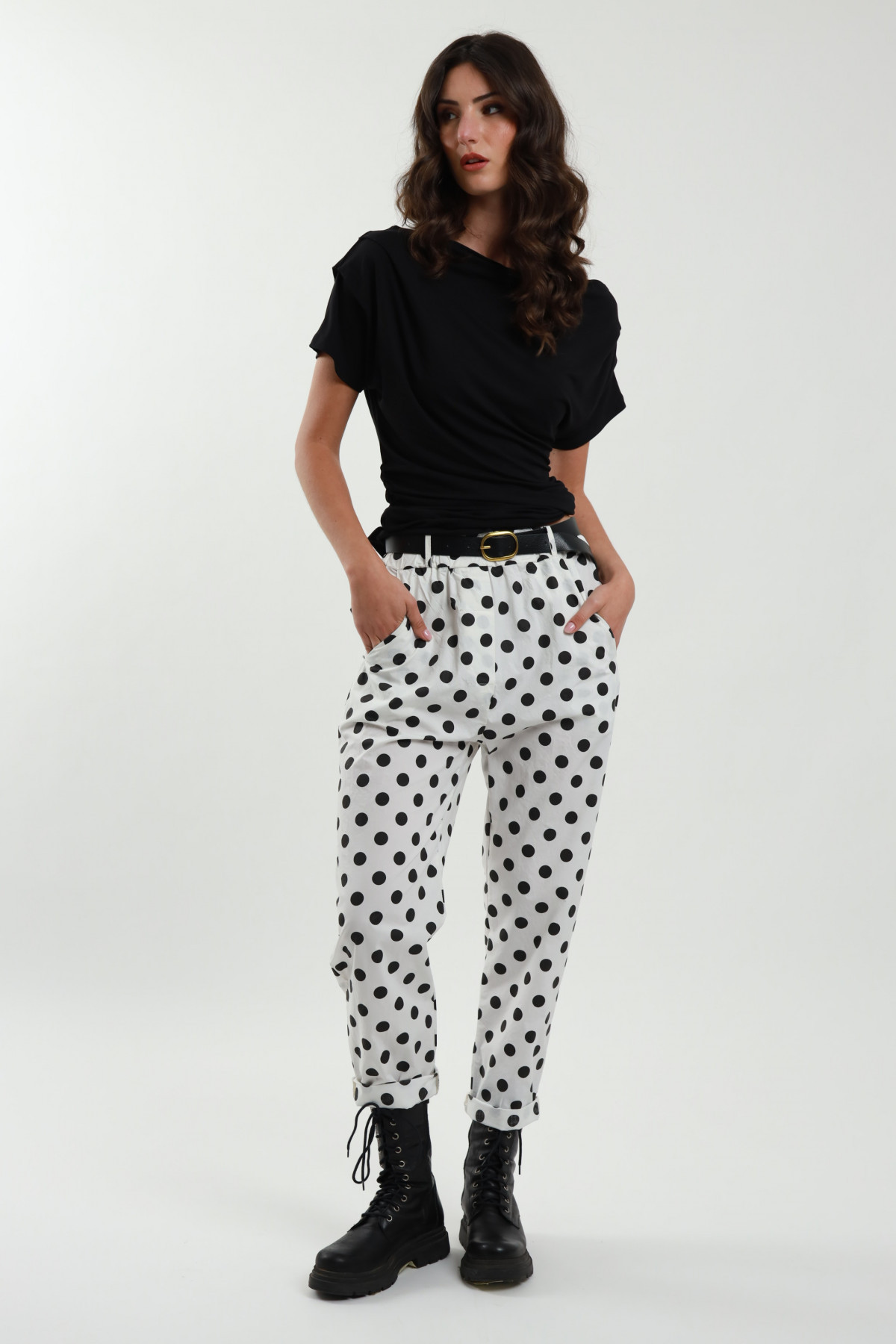 Polka dot trousers with belt